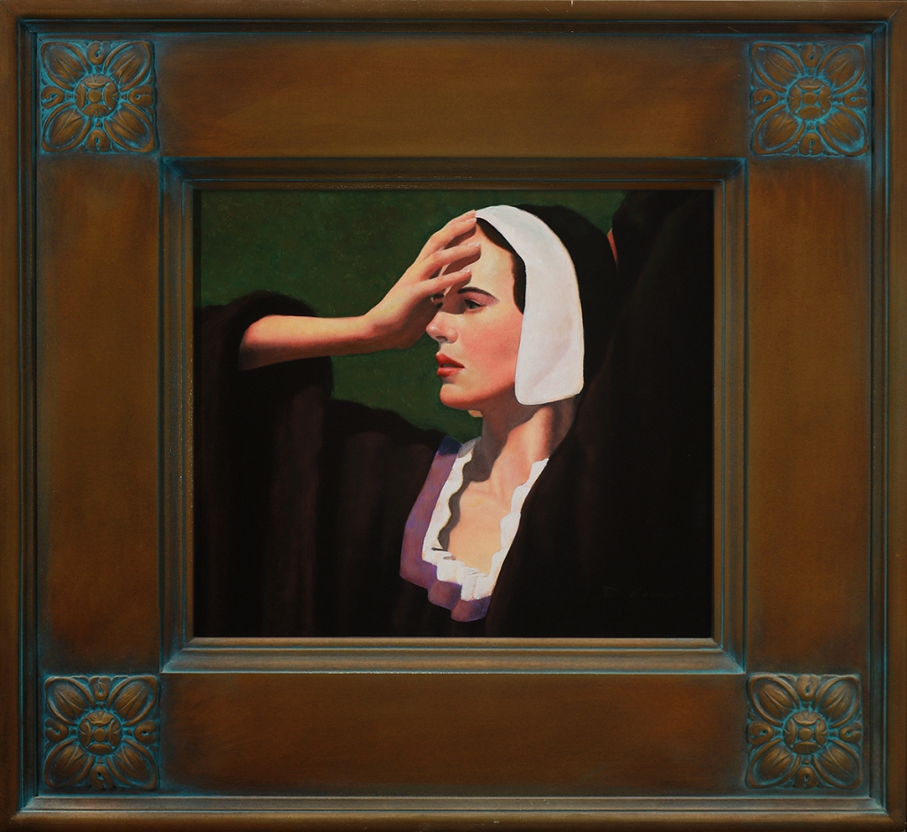 Robed In Black and White<br>14x12 inch<br>oil on cotton panel<br>Artist Made Frame 18x20<br>$1,200
