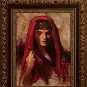 Scarlet Veil, oil study<br>9x12 inch<br>oil on canvas panel<br>framed 14x17<br>$800
